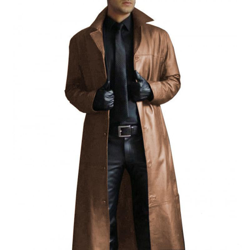 Men's Vintage Solid Color Lapel Leather Trench Coat