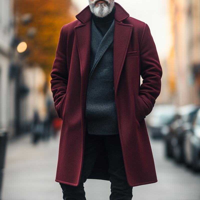 Men's Retro Casual Solid Color Straight Shoulder Mid-Length Lapel Coat