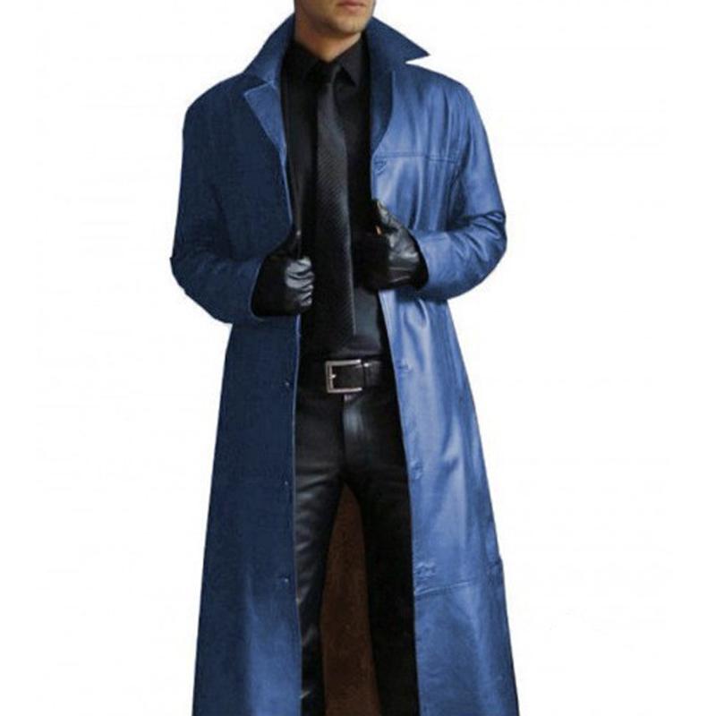Men's Vintage Solid Color Lapel Leather Trench Coat