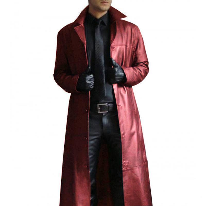 Men's Vintage Solid Color Lapel Leather Trench Coat