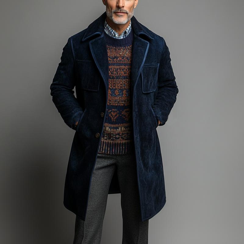 Men's Vintage Solid Suede Multi-Pocket Mid-Length Coat