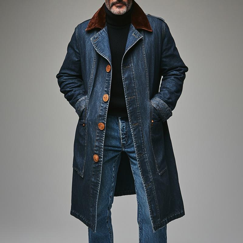 Men's Retro Casual Washed Denim Colorblock Mid-Length Coat