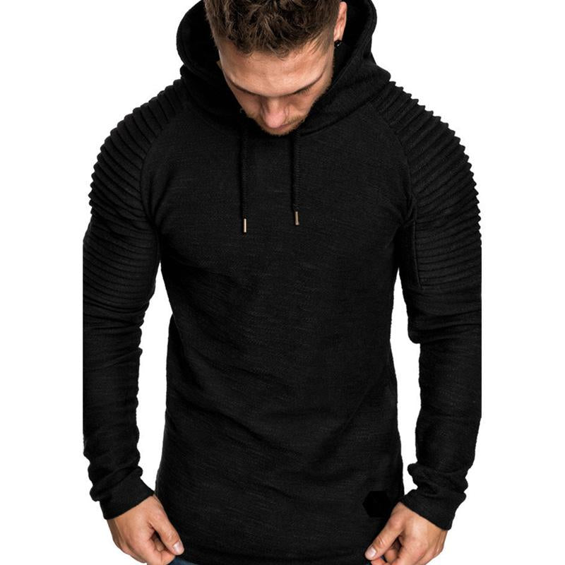 Men's Crew Neck Slim Fit Solid Color Striped Pleated Hoodie
