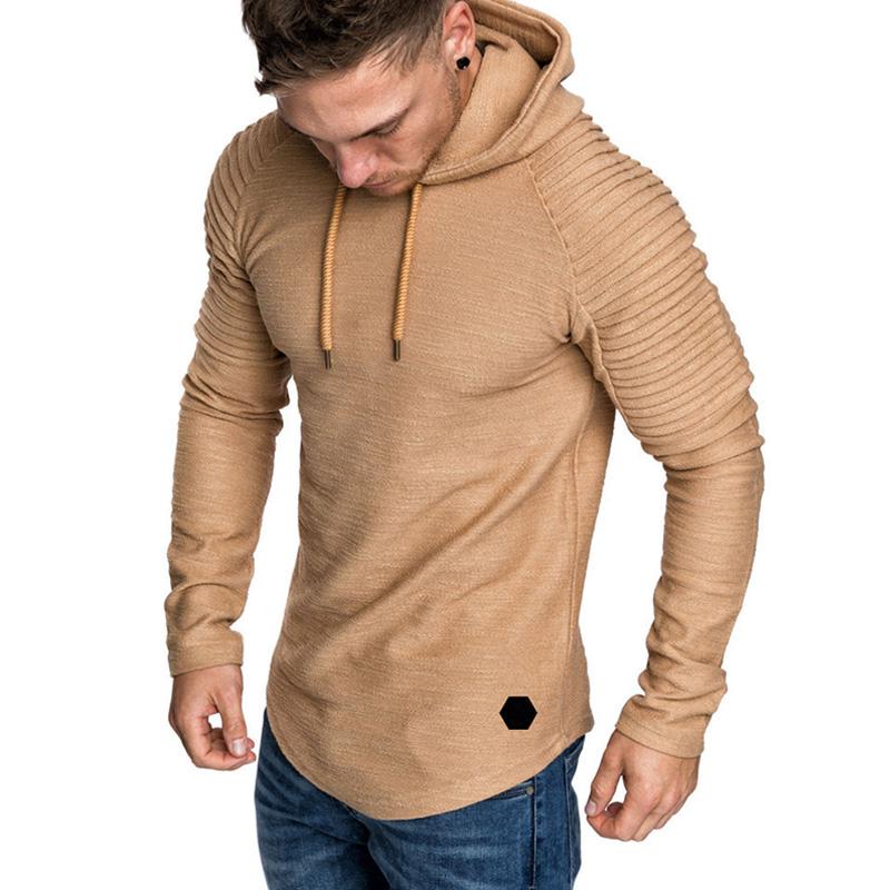 Men's Crew Neck Slim Fit Solid Color Striped Pleated Hoodie
