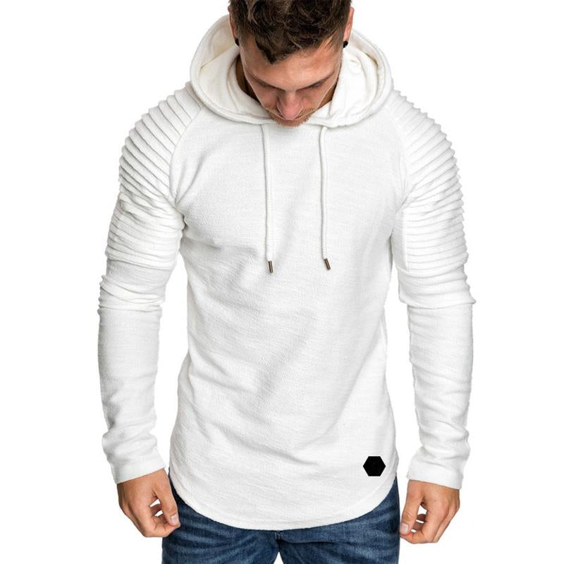 Men's Crew Neck Slim Fit Solid Color Striped Pleated Hoodie