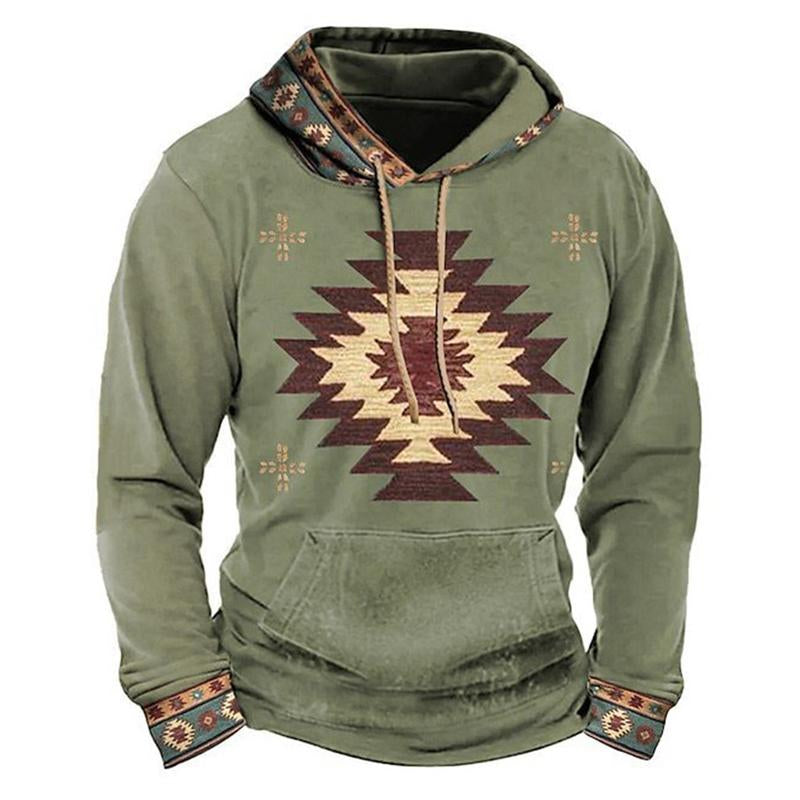 Men's Retro Ethnic Print Hooded Long Sleeve Sweatshirt