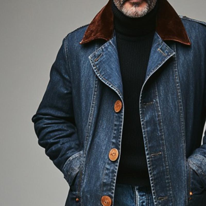 Men's Retro Casual Washed Denim Colorblock Mid-Length Coat