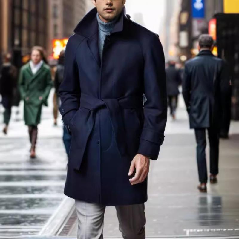 Men's Woolen Lapel Belt Single Breasted Mid-length Coat