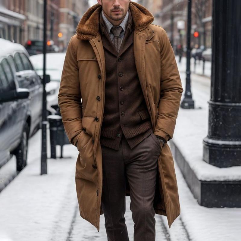Men's Solid Color Plush Lapel Single Breasted Long Padded Coat