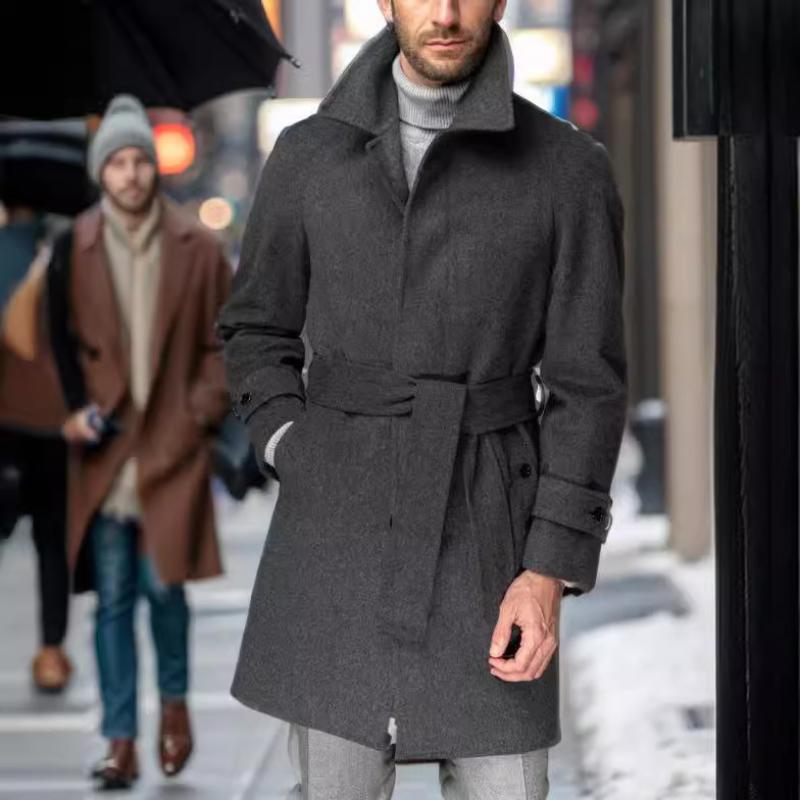 Men's Woolen Lapel Belt Single Breasted Mid-length Coat