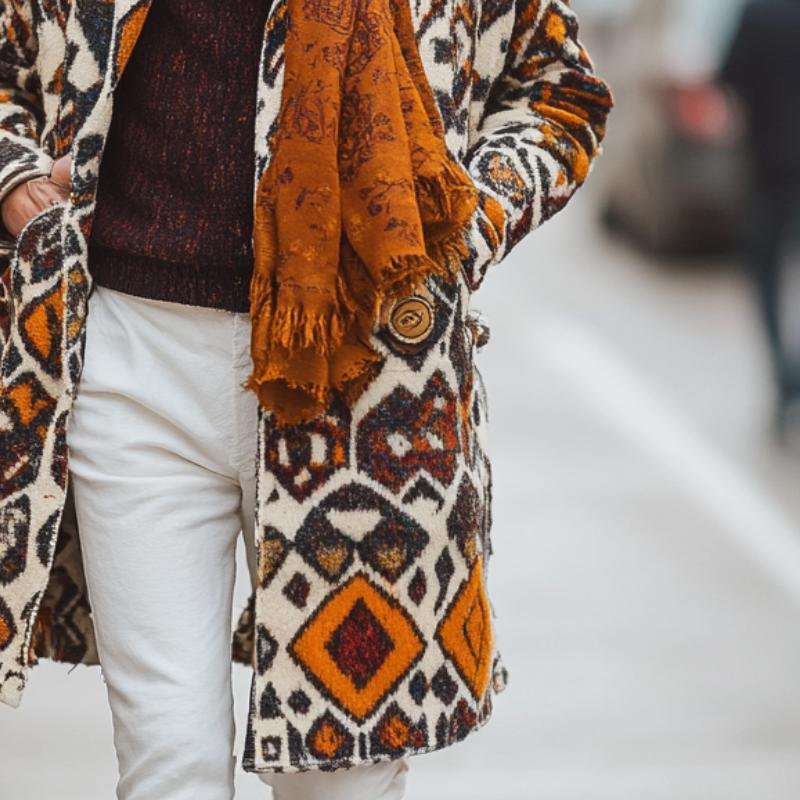 Men's Retro Colorful Ethnic Pattern Printed Woolen Mid-Length Coat