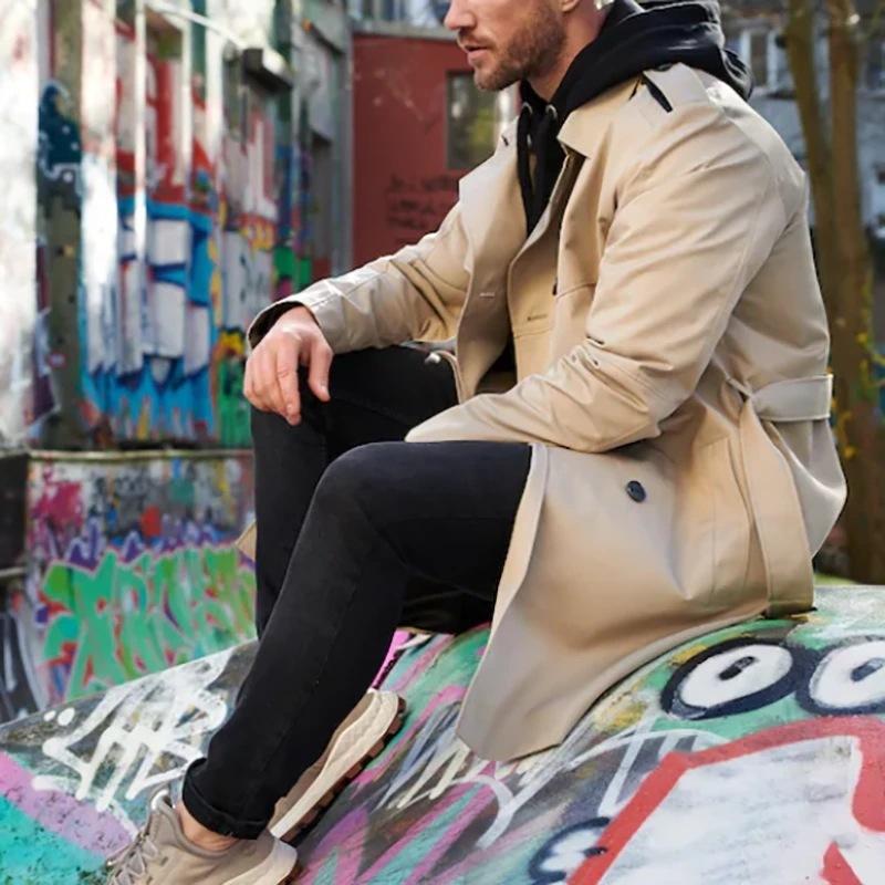 Men's Solid Slim Lapel Double Breasted Trench Coat