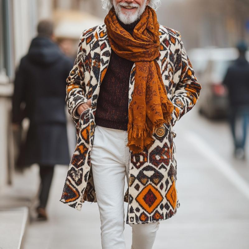 Men's Retro Colorful Ethnic Pattern Printed Woolen Mid-Length Coat