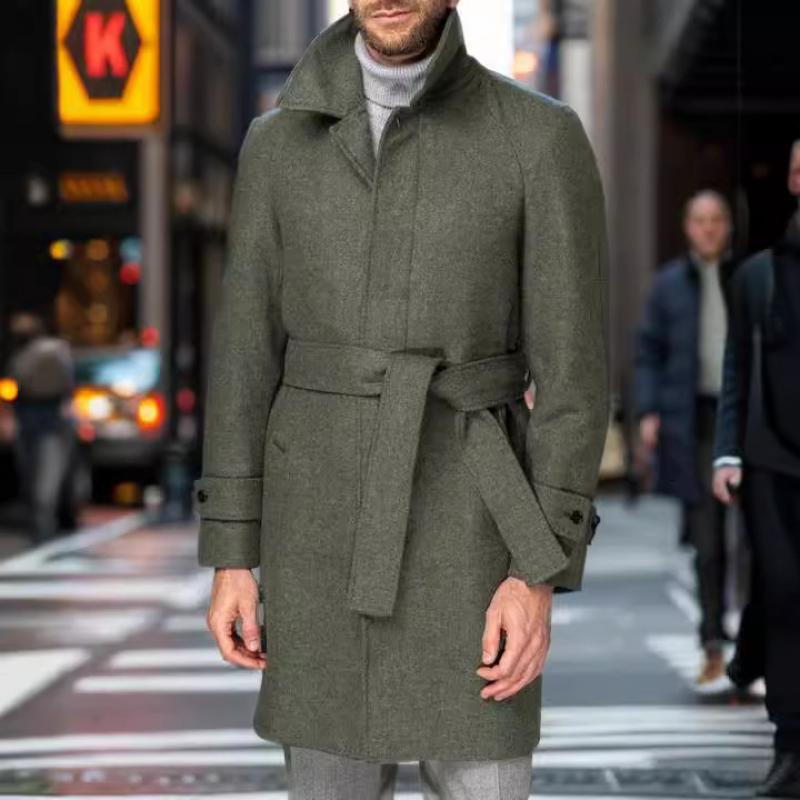 Men's Woolen Lapel Belt Single Breasted Mid-length Coat
