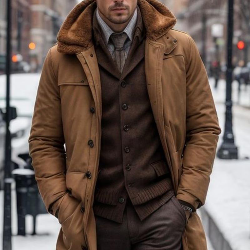 Men's Solid Color Plush Lapel Single Breasted Long Padded Coat