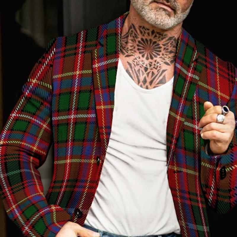Men's Retro Casual Christmas Check Print Lapel Coat