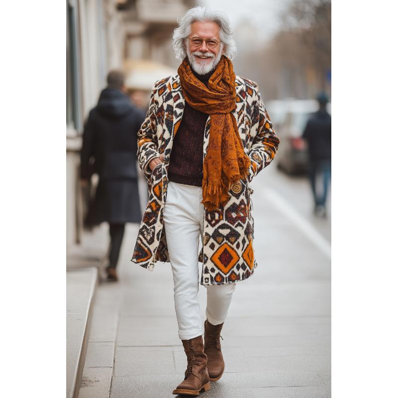 Men's Retro Colorful Ethnic Pattern Printed Woolen Mid-Length Coat