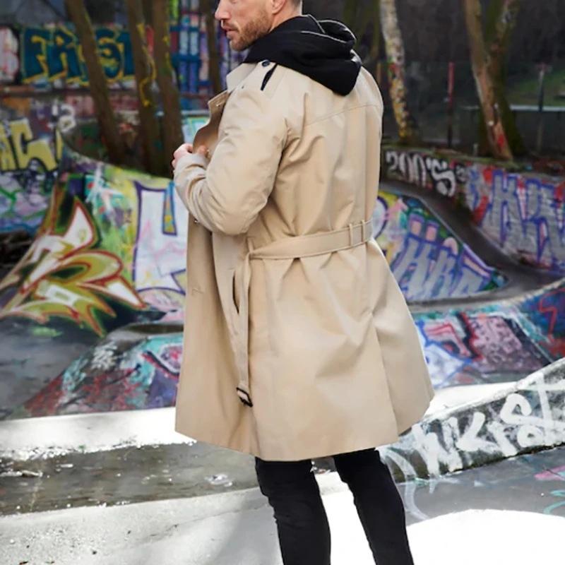 Men's Solid Slim Lapel Double Breasted Trench Coat